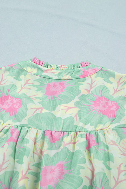 Floral Frilled V-Neck Bubble Sleeve Babydoll Blouse