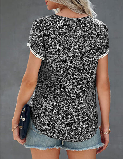 Leopard Lace Trim Short Sleeve Top