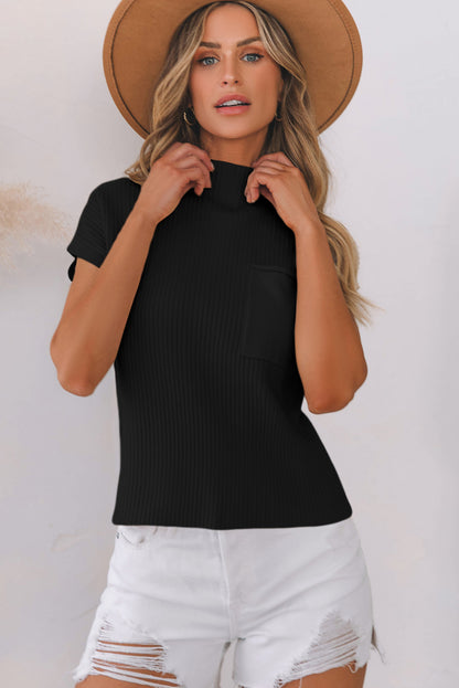 Solid Ribbed Knit Patch Pocket Short Sleeve Sweater