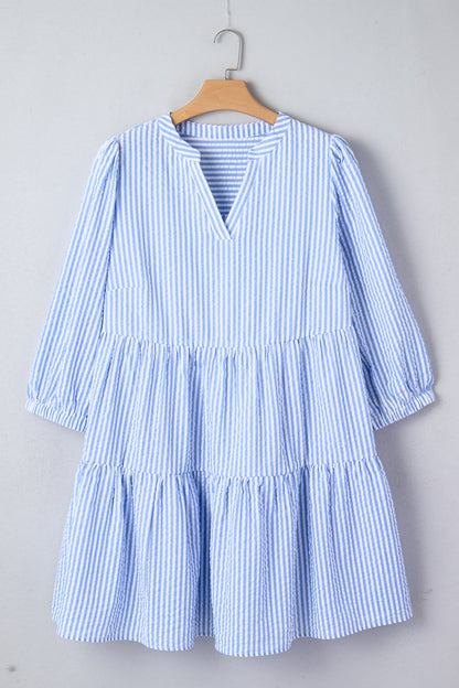 Plus Size Stripe Seersucker Notched Neck Tiered Dress