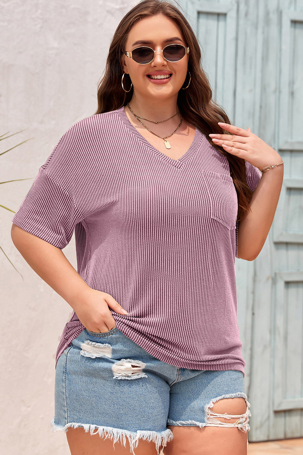 Plus Size Solid Corded Knit V-Neck T-Shirt