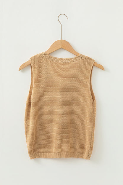 Boho Solid Eyelet Trim Buttoned Sweater Vest