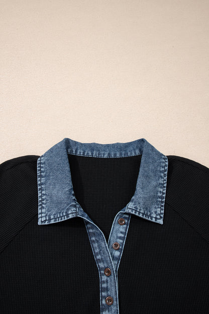 Plus Size Denim Patchwork Waffle Knit Polo Tee