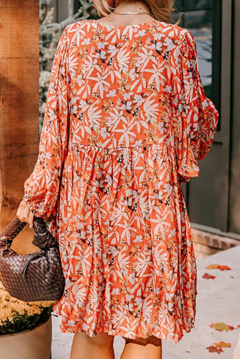 Plus Size Floral Bubble Sleeve Midi Dress