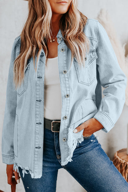 Denim Raw Hem Buttoned Jacket