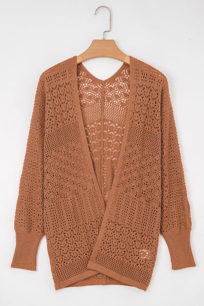 Solid Hollow Knit Open-Front Cardigan