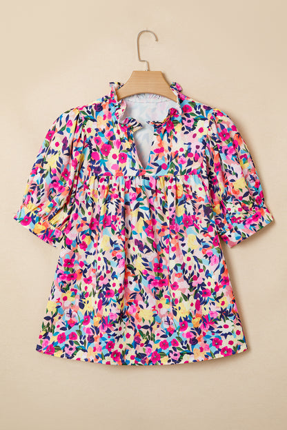 Flower Frilled Collar Puff Sleeve Blouse