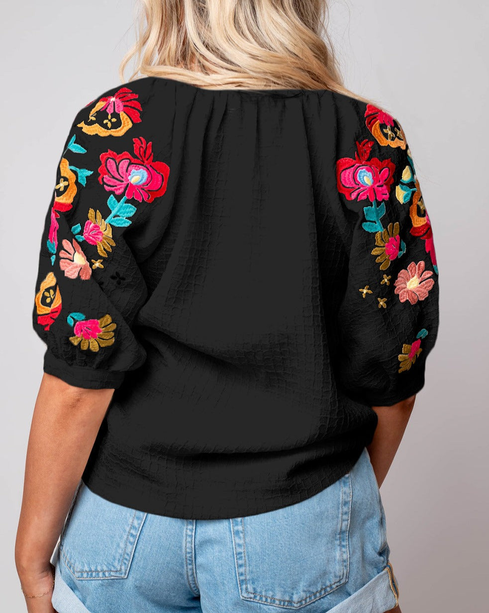 Floral Embroidered Puff Sleeve Blouse