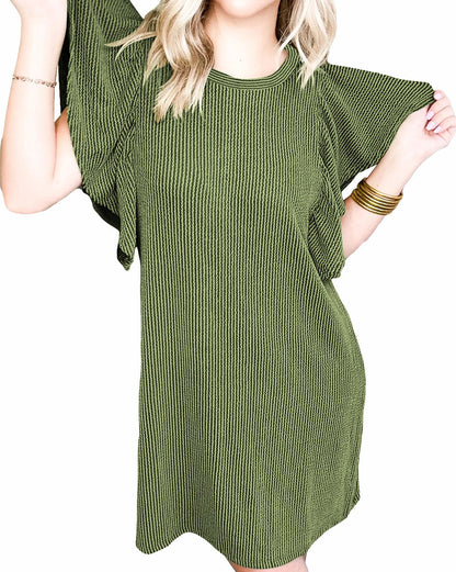 Ribbed Flutter Sleeve Shift Dress