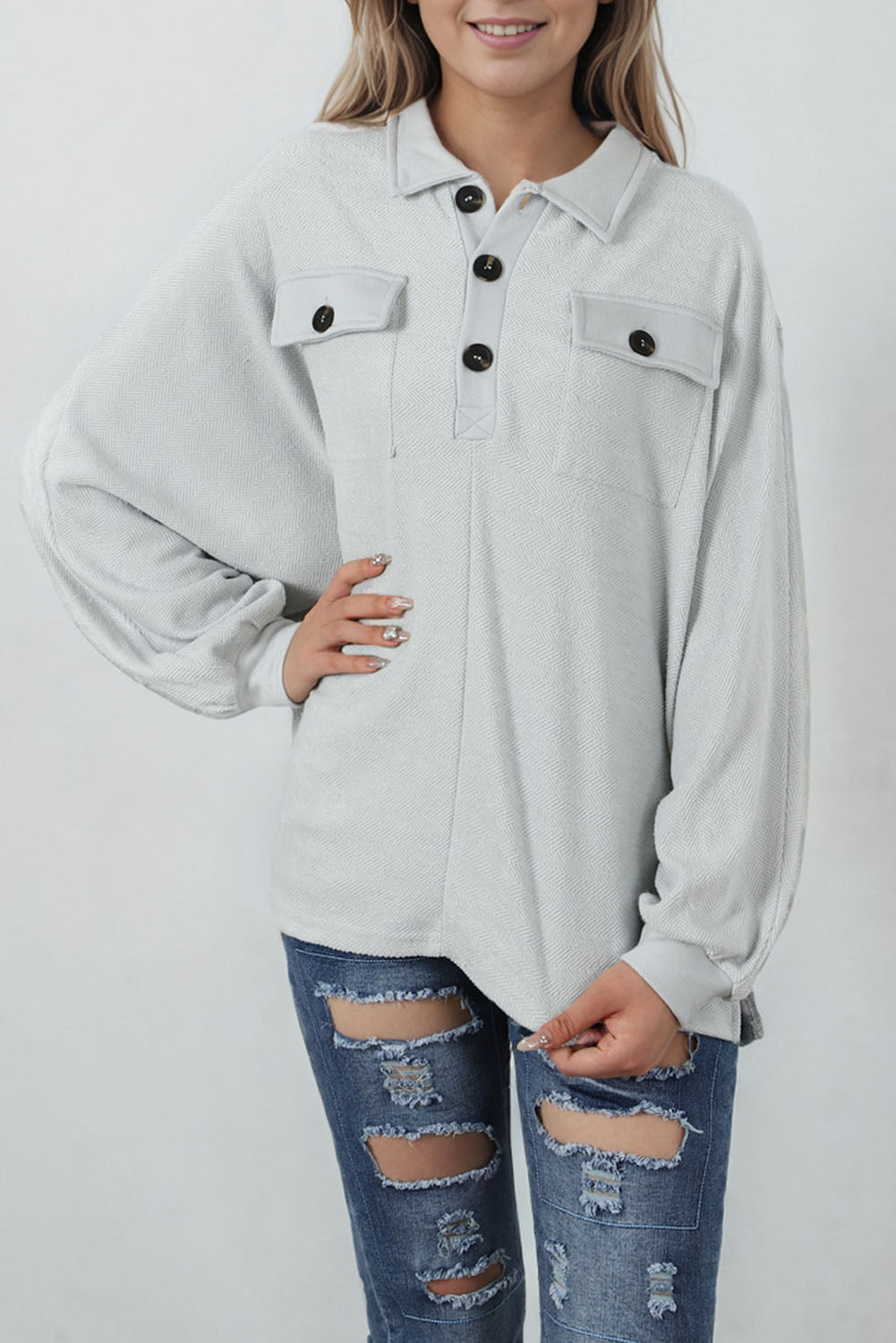 Herringbone Terry Collared Sweatshirt w/Pockets