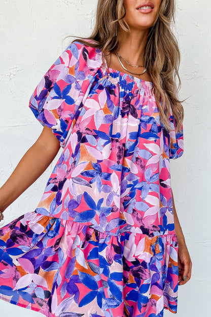 Floral Short Puff Sleeve Ruffle Dress