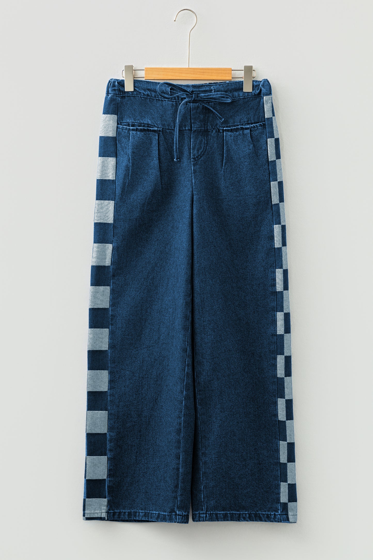 Denim Checker Side Panel Patchwork Drawstring Pants