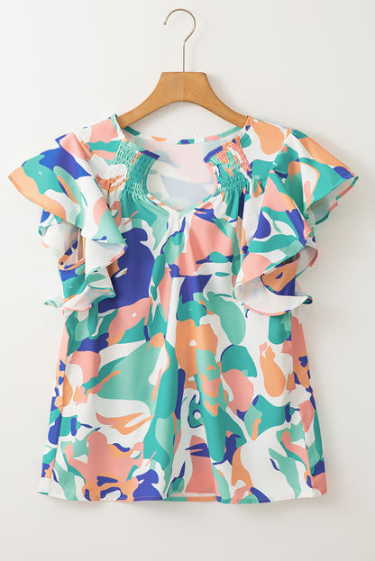 Abstract Ruffle Short Sleeve Blouse