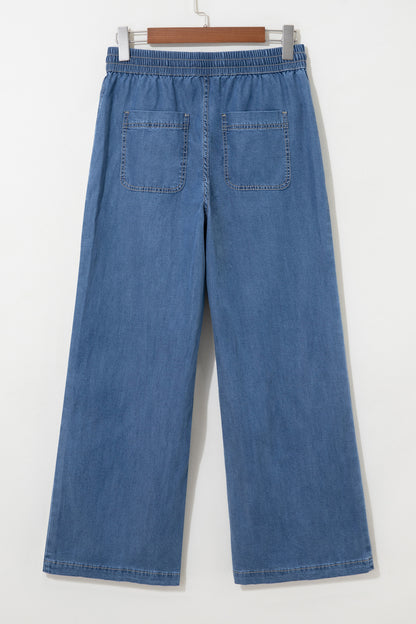 Solid Exposed Seam Drawstring Waist Wide Leg Jeans