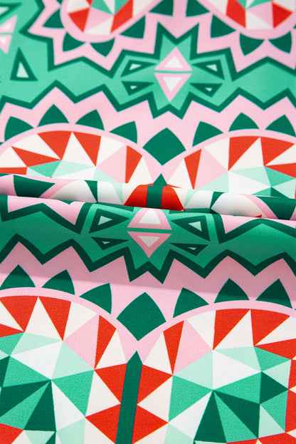 Boho Abstract Contrast Stripe Collared V-Neck Blouse