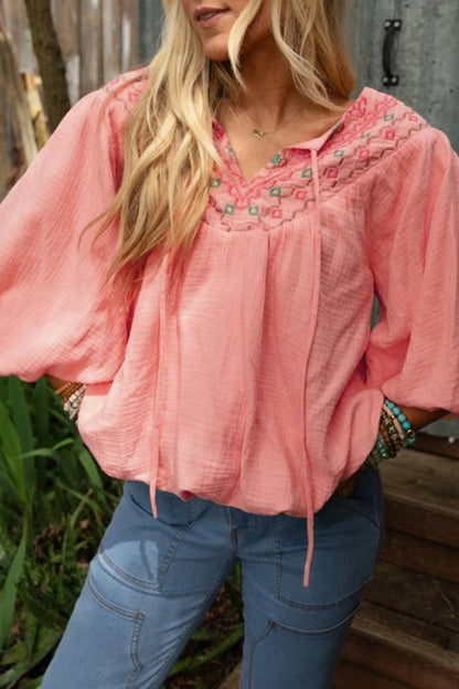 Geometric V-Neck Puff Sleeve Blouse