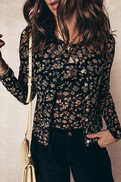 Floral Mesh Tank and Button-Front Cardigan Set