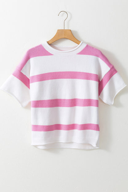 Stripe Knit Dropped Short Sleeve Sweater