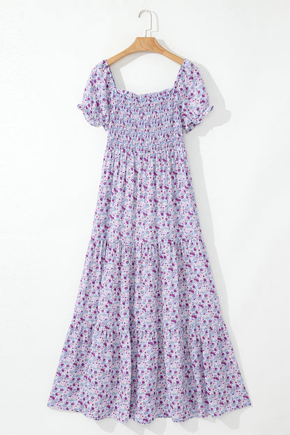 Floral Bubble Sleeve Shirred Waist Maxi Dress