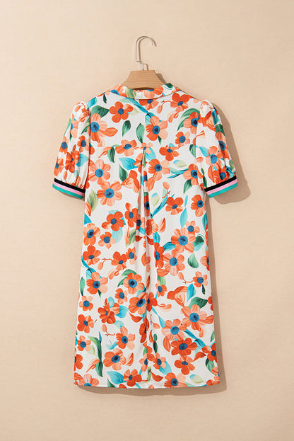 Floral Contrast Trim Split Neck Mini Dress
