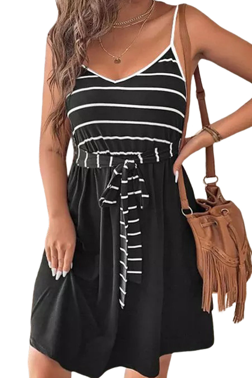 Stripe Colorblock Sleeveless Belted Dress