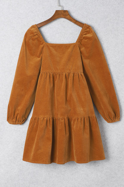 Corduroy Puff Sleeve Tiered Dress