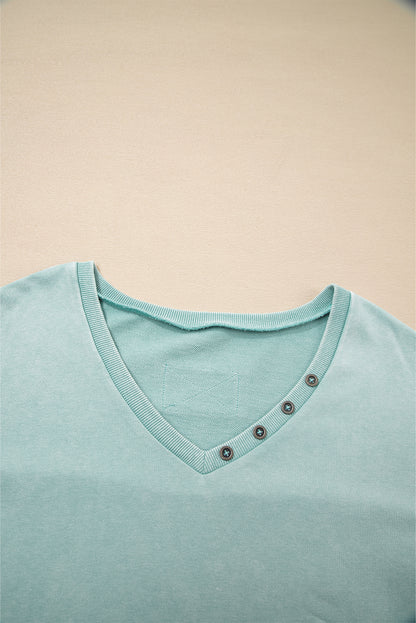 Mineral Wash Reverse Seam Buttoned V-Neck Top
