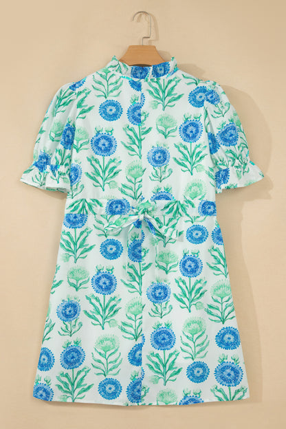 Floral Half Button Frilly Short Sleeve Dress