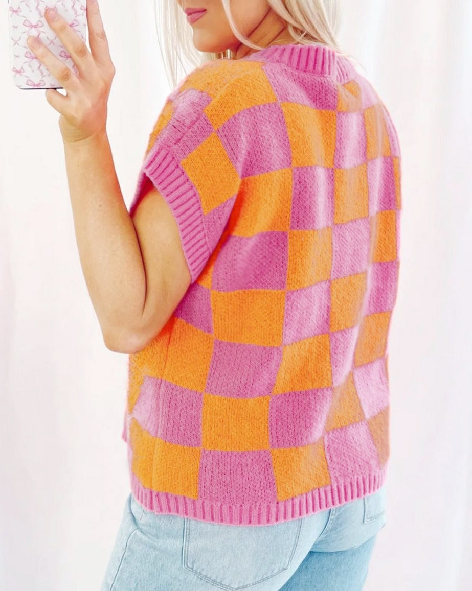 Colorblock Checker Ribbed Trim Top