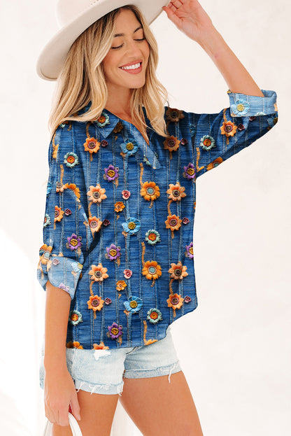 Floral Patchwork Long Sleeve Collared V-Neck Blouse