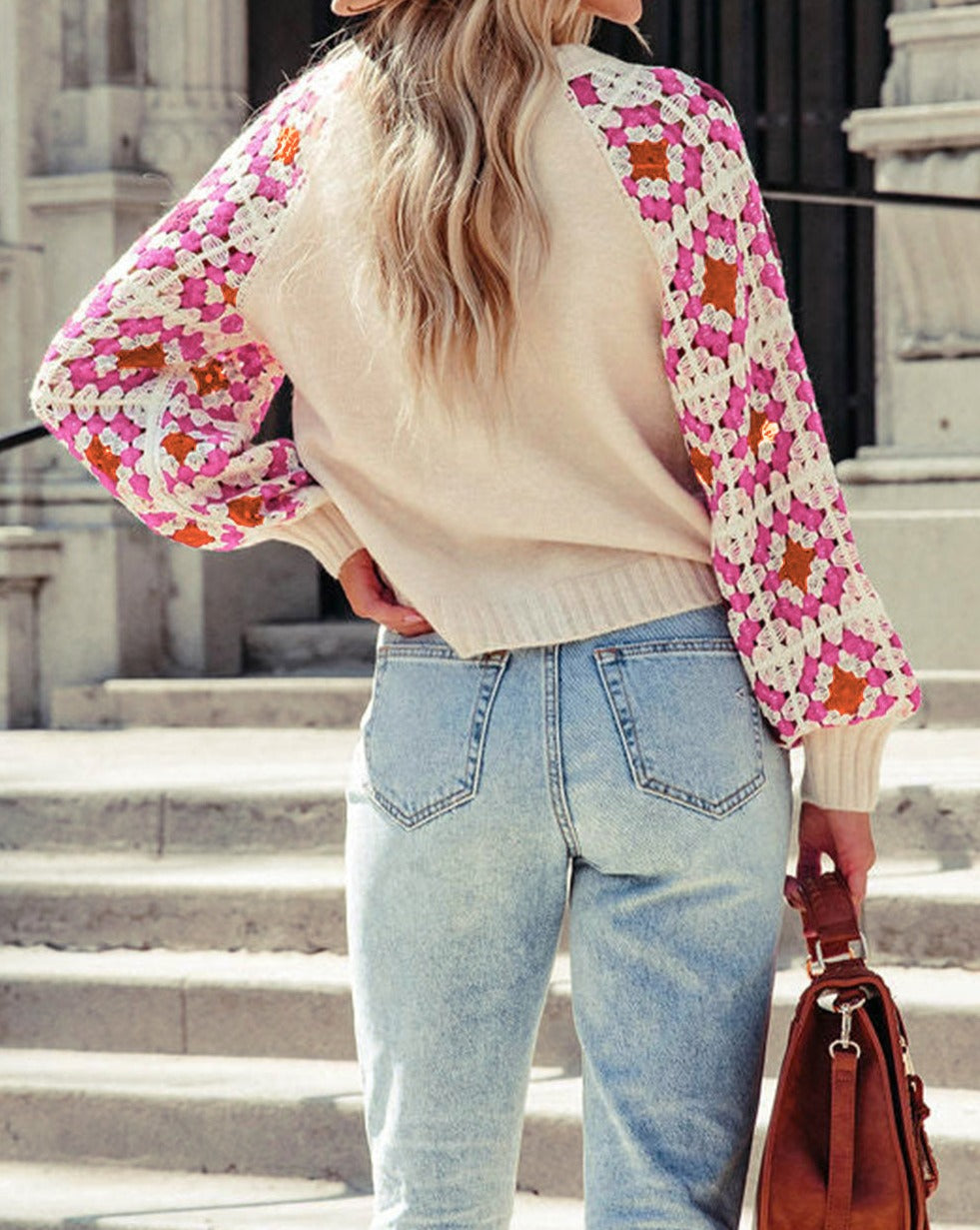 Floral Crochet Puff Sleeve Sweater