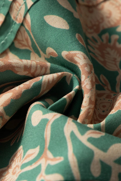 Floral Pleated Buttoned V-Neck Short Sleeve Blouse