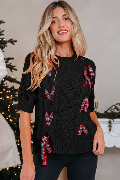 Christmas Plaid Lace-Up Puff Sleeve Sweater