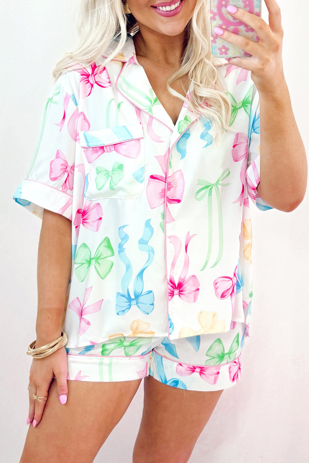 Bow Shirt and Shorts Pajama Set