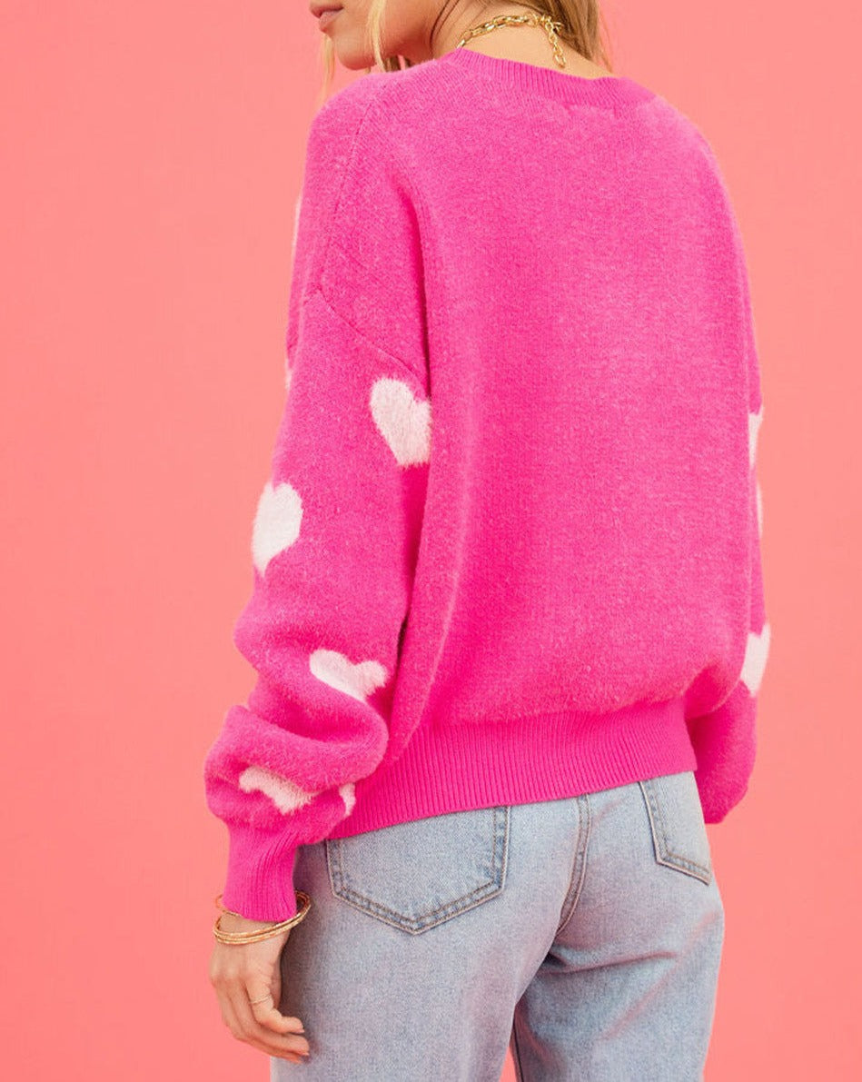 Fuzzy Hearts Drop Shoulder Sweater