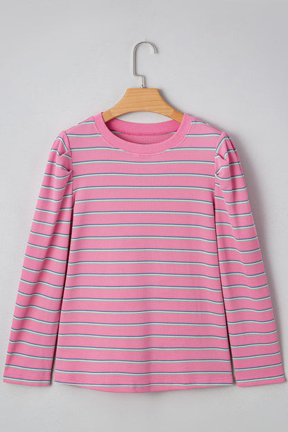 Stripe Textured Knit Round Neck Long Sleeve Top