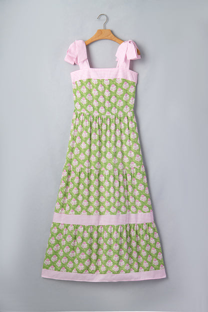 Floral Stripe Patchwork Knot Strap Maxi Dress