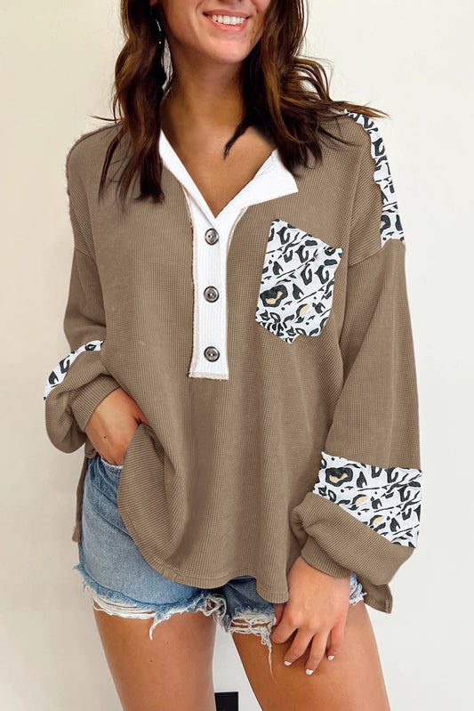 Leopard Colorblock Waffle Henley Top