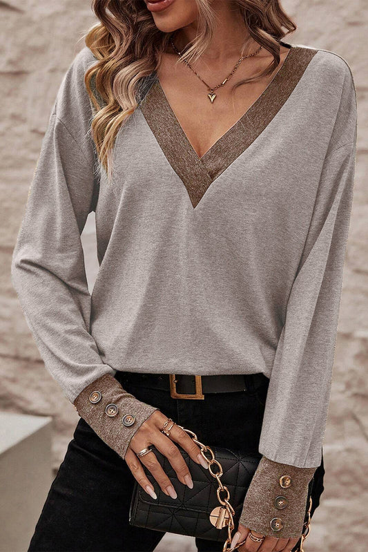 Colorblock Buttoned Cuff V-Neck Top