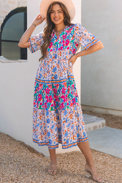 Floral Tie Split Neck Short Sleeve Dress