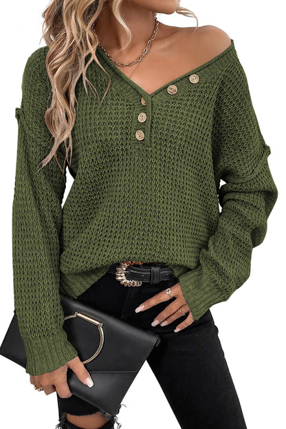 Chunky Waffle Buttoned V-Neck Sweater