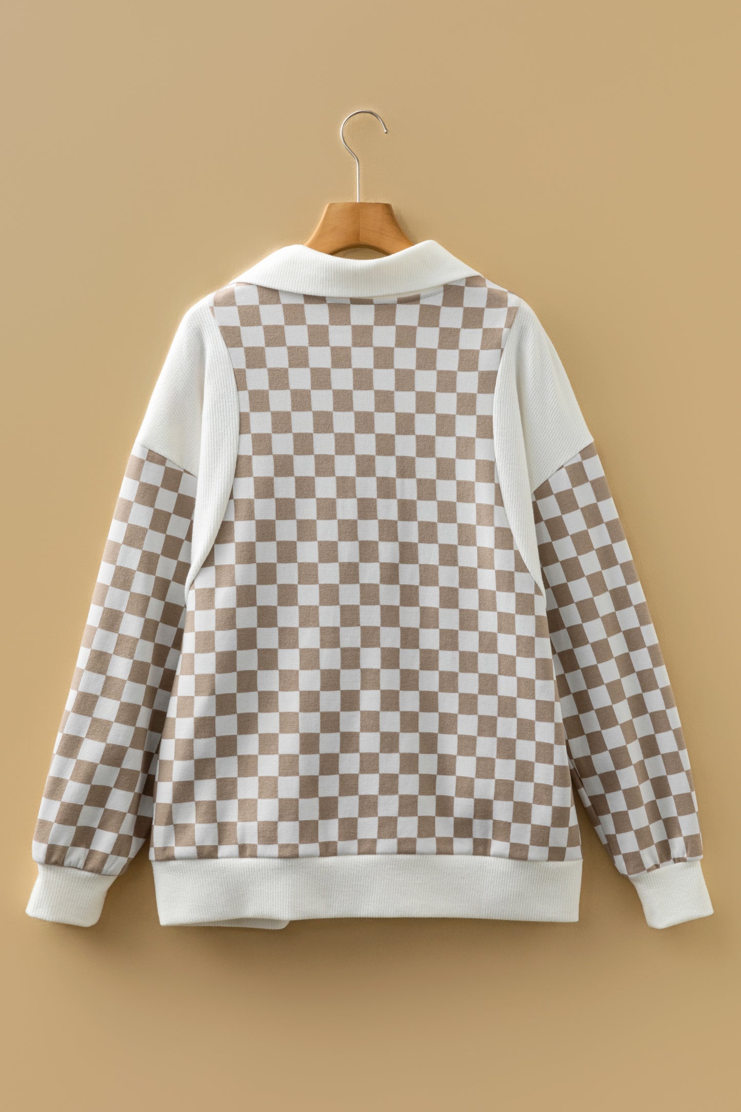 Checker Ribbed Patchwork Quarter Zip Sweatshirt