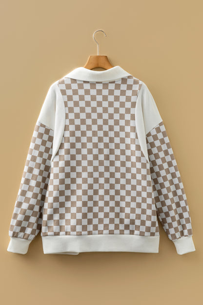 Checker Ribbed Patchwork Quarter Zip Sweatshirt
