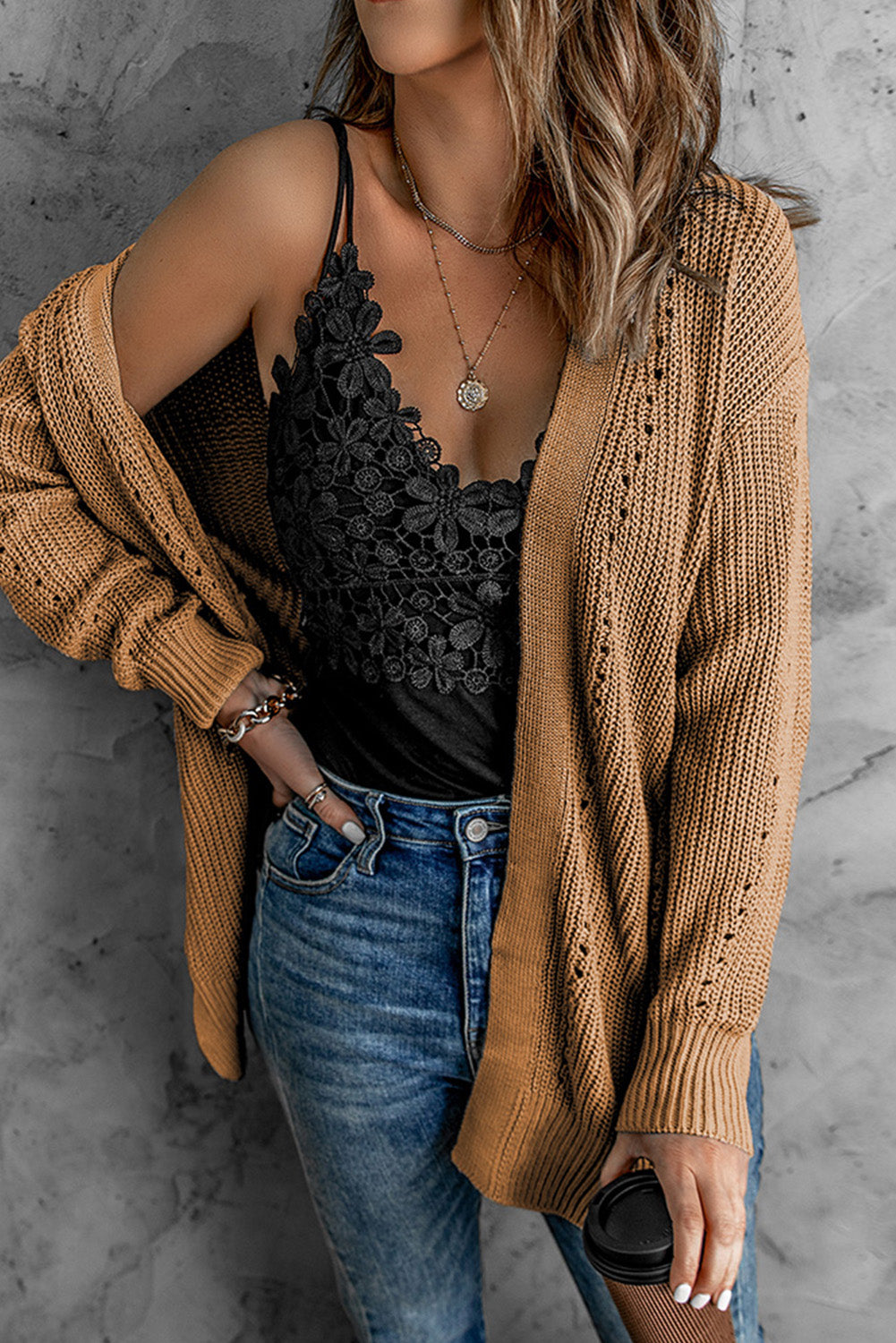 Hollowed Knit Side Slit Cardigan