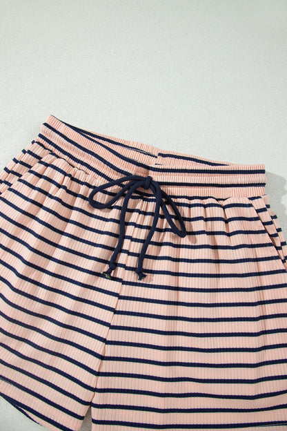 Stripe Long Sleeve Mock Neck Ribbed Knit Top & Shorts Set