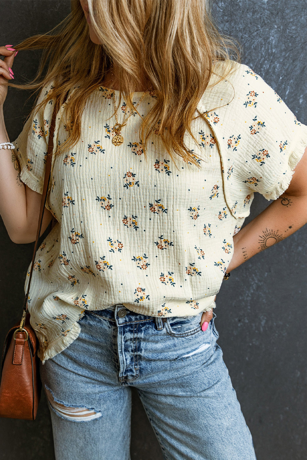 Floral Fringe Trim Textured Top