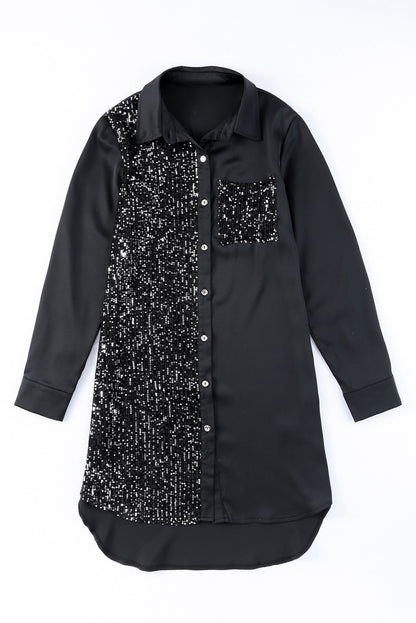 Sequin Patchwork Buttoned Shirt Dress