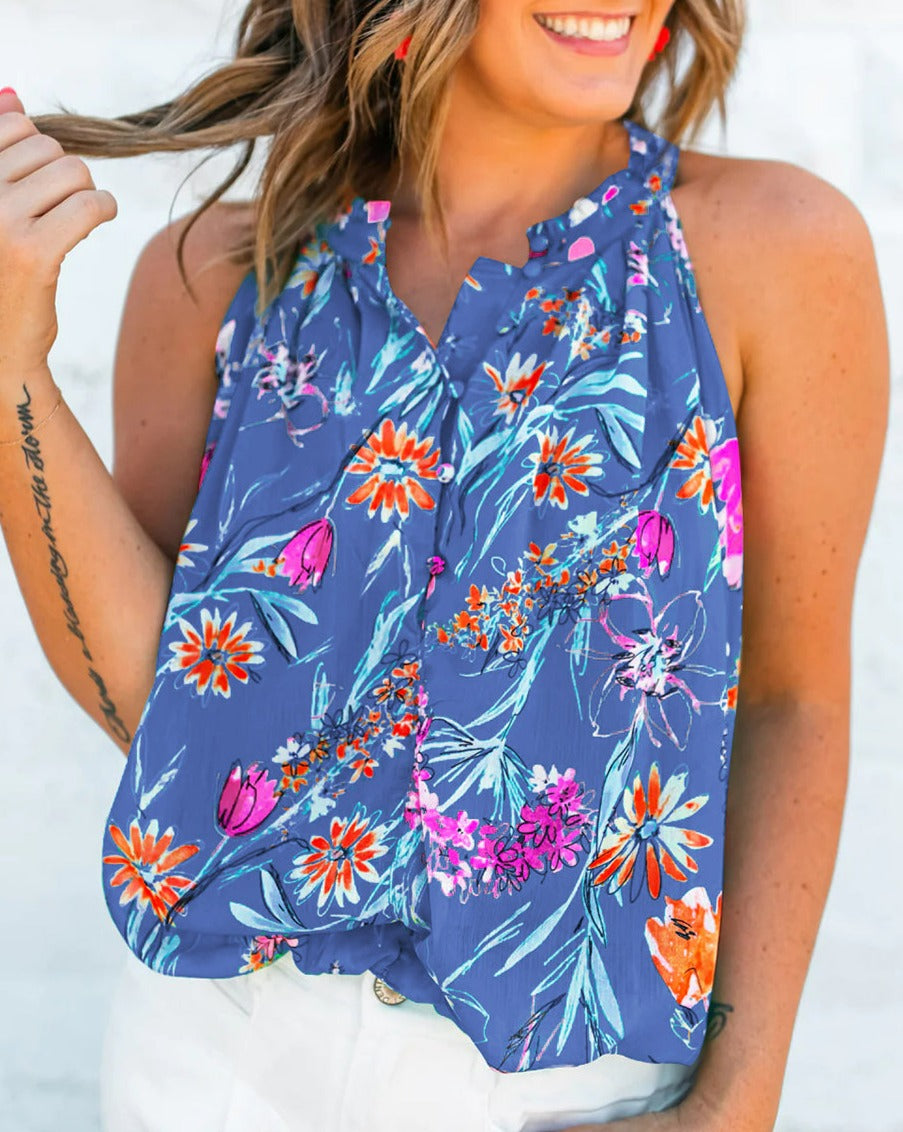 Floral Buttoned Neckline Tank Top