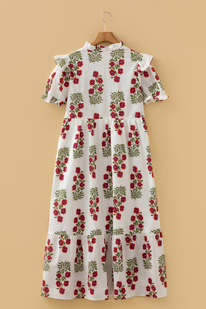 Floral V-Neck 3/4 Puff Sleeve Mini Dress