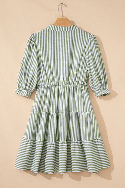 Stripe Tassel Tie-Neck Ruffle Tiered Dress
